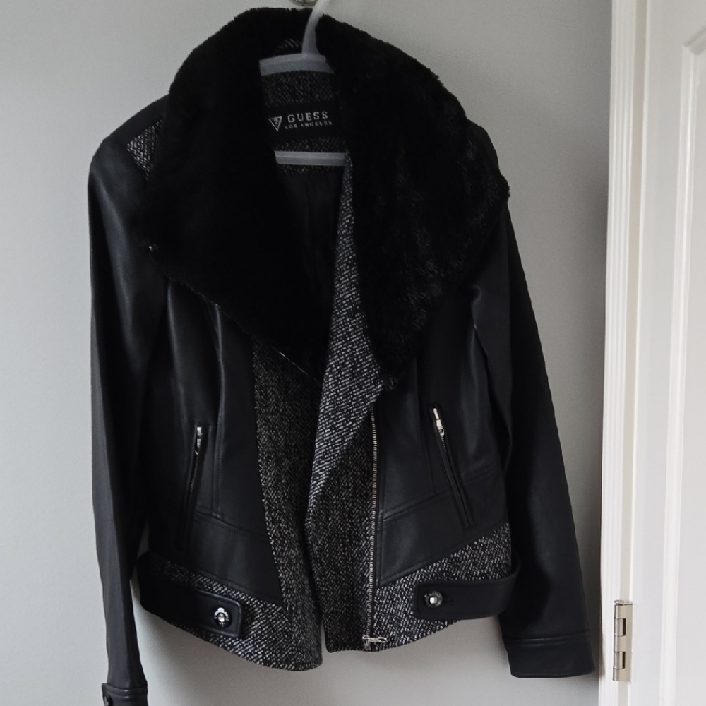 Guess Black Leather Jacket with Faux Fur Collar